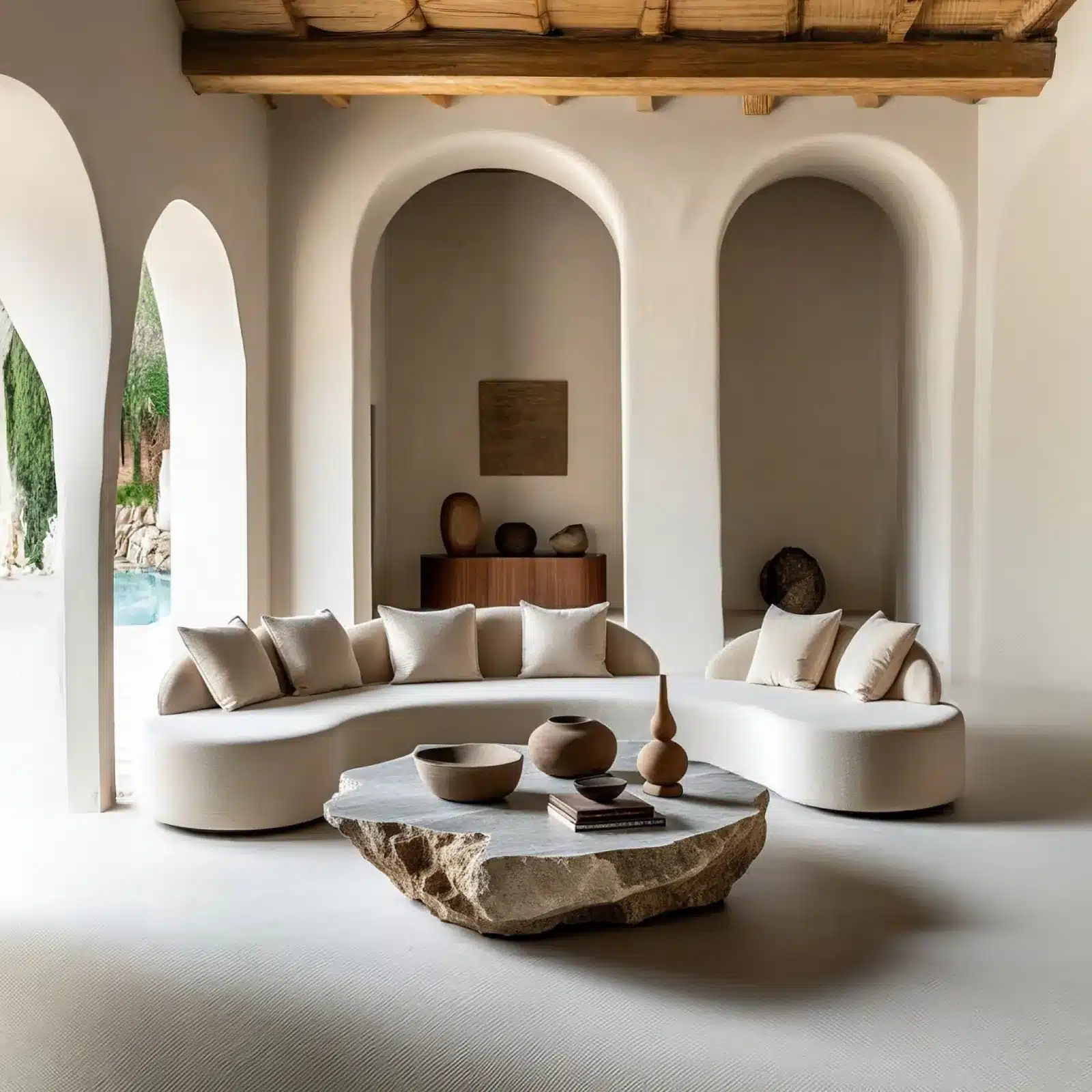 Lavasteen gietvloer – moderne villa met organische architraven Moderne villa-living met lichtgrijze lavasteen gietvloer, ronde sofa en ruwe steen tafel
