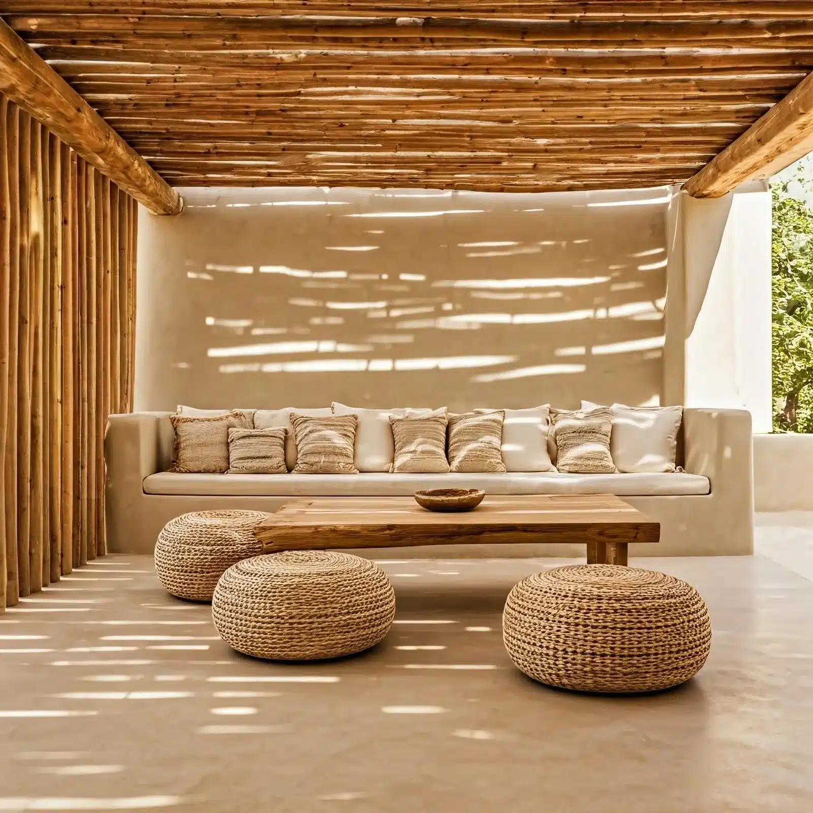 Lavasteen gietvloer – beige patio onder houten lamellen Beige lavasteen gietvloer met loungestoelen en gevlochten poufs onder houten dak